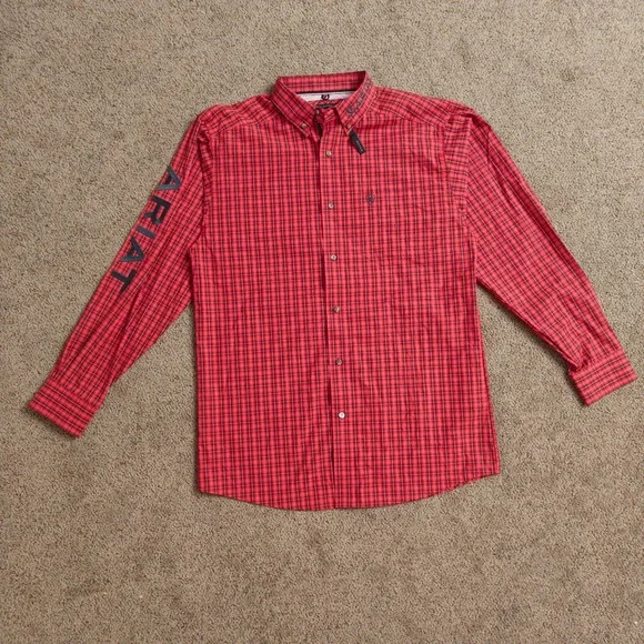 NWOT Ariat Pro Series Mens Red Plaid Long Sleeve Button Up Shirt Fitted Size L - Picture 2 of 16